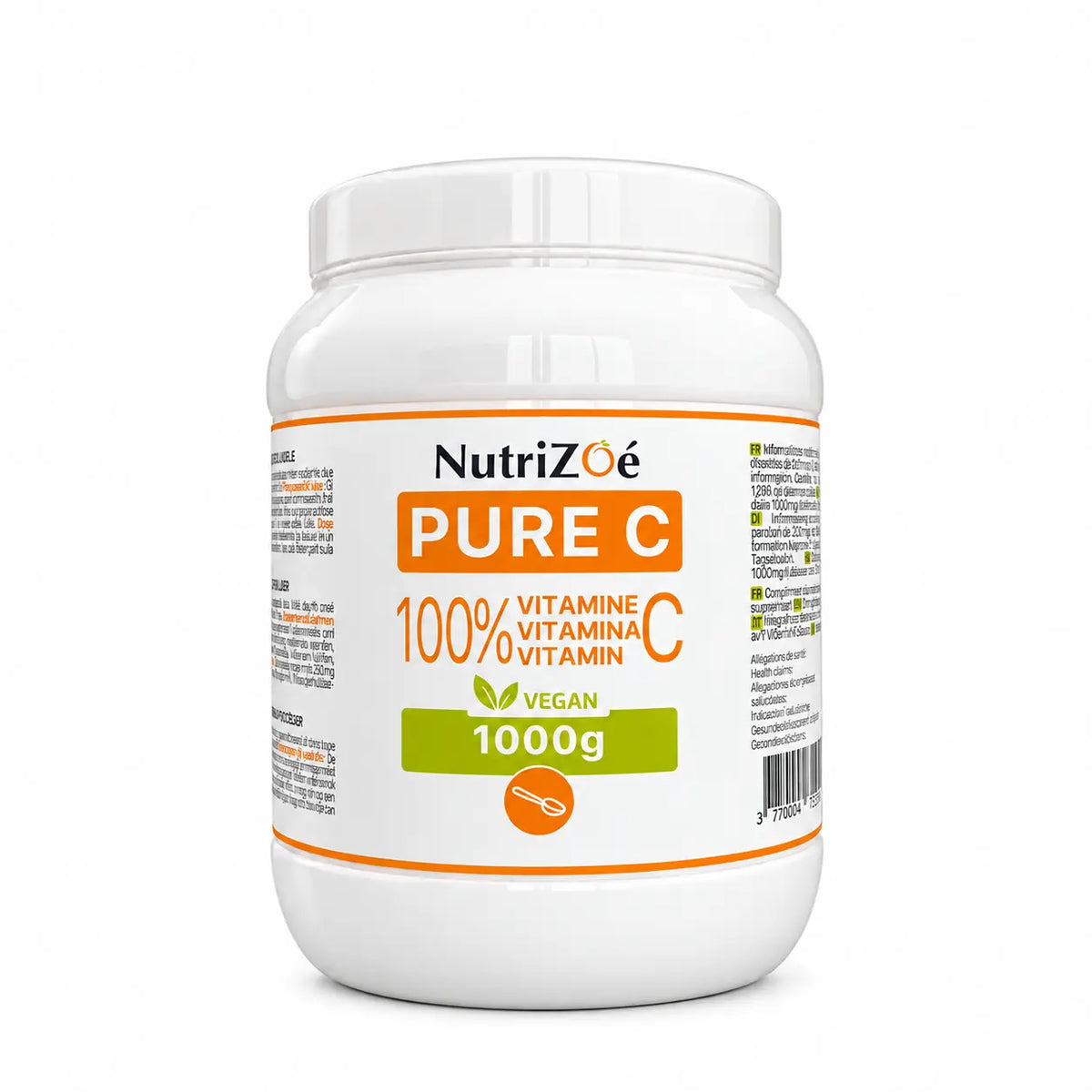 Vitamine C pure en poudre NutriZoé PURE C — pot de 1 kg sur fond blanc