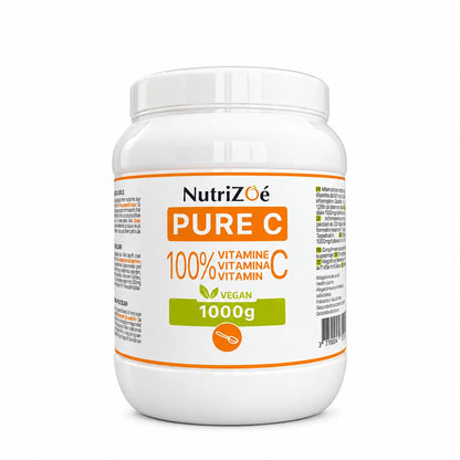 Vitamine C pure en poudre NutriZoé PURE C — pot de 1 kg sur fond blanc