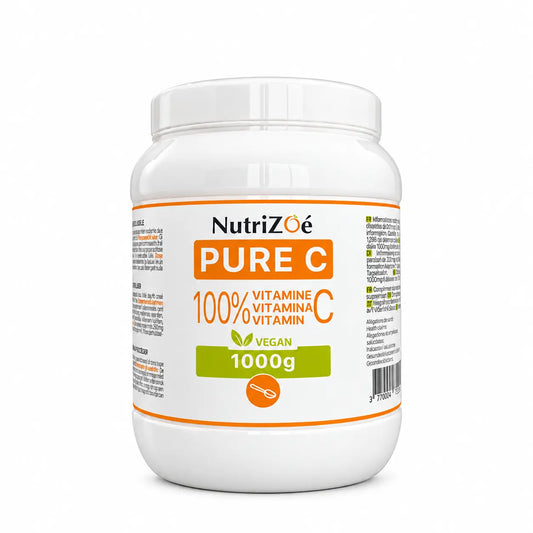Vitamine C pure en poudre NutriZoé PURE C — pot de 1 kg sur fond blanc