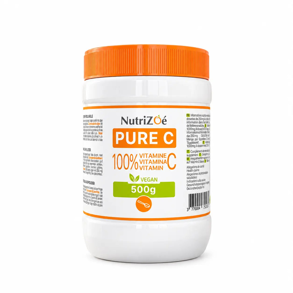 Vitamine C pure en poudre NutriZoé PURE C — pot de 500 g sur fond blanc