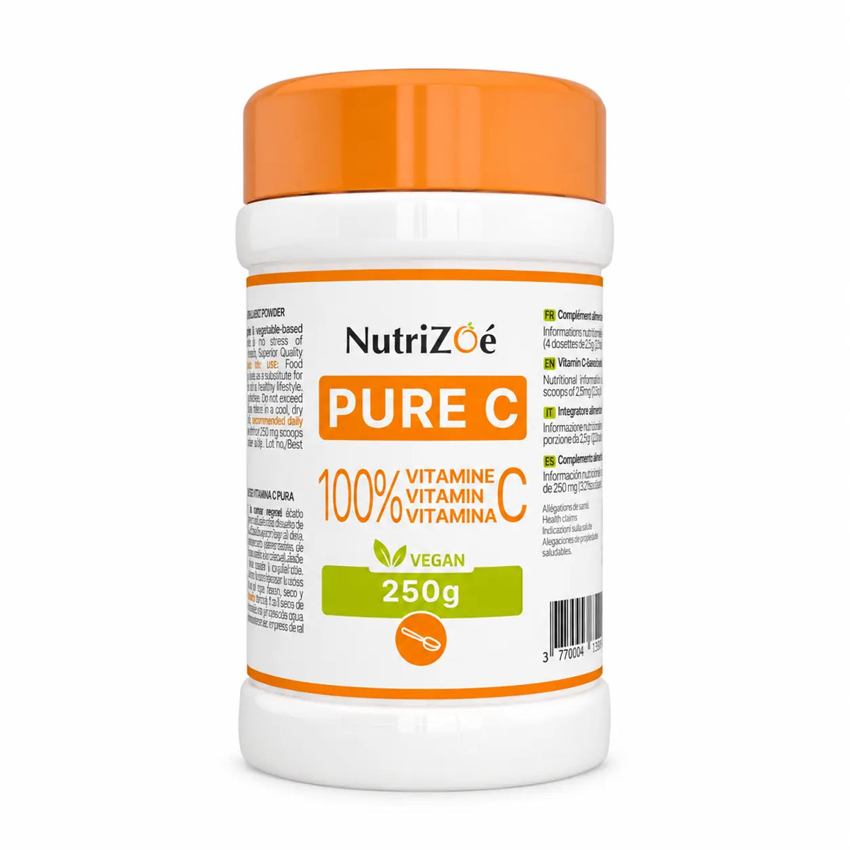 Vitamine C pure en poudre NutriZoé PURE C — pot de 250 g sur fond blanc