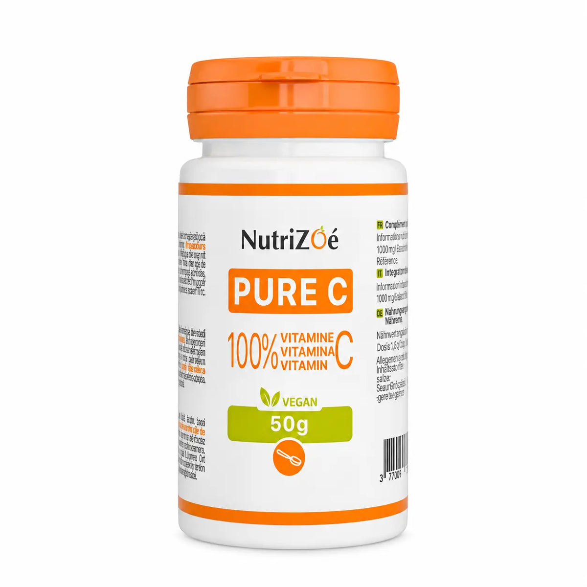 Vitamine C pure en poudre NutriZoé PURE C — flacon de 50 g sur fond blanc