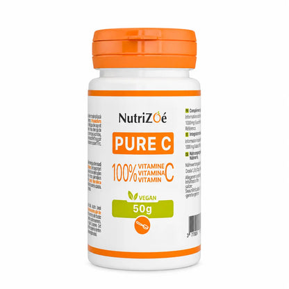 Vitamine C pure en poudre NutriZoé PURE C — flacon de 50 g sur fond blanc