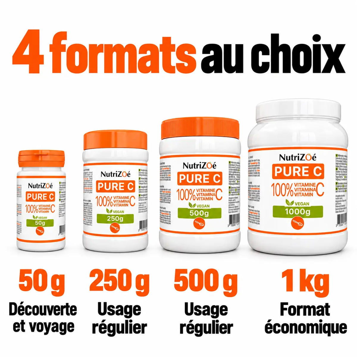 Choisir son format de vitamine C : 50 g pour découvrir ou voyager, 250 g et 500 g pour un usage régulier, 1 kg au format économique