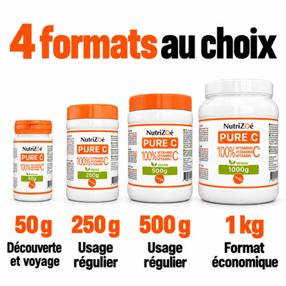 Choisir son format de vitamine C : 50 g pour découvrir ou voyager, 250 g et 500 g pour un usage régulier, 1 kg au format économique