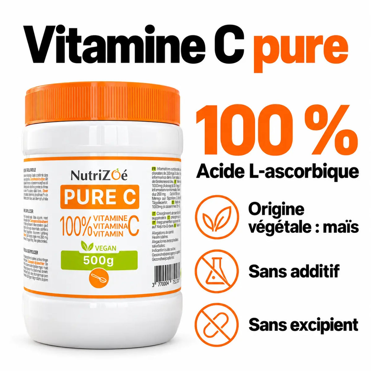 Vitamine C pure : 100 % acide L-ascorbique d’origine végétale, issu du maïs, sans additif ni excipient