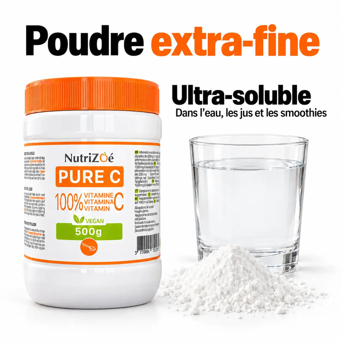 Poudre de vitamine C blanche, extra-fine et ultra-soluble dans l’eau, les jus et les smoothies