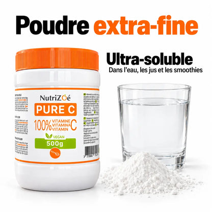 Poudre de vitamine C blanche, extra-fine et ultra-soluble dans l’eau, les jus et les smoothies