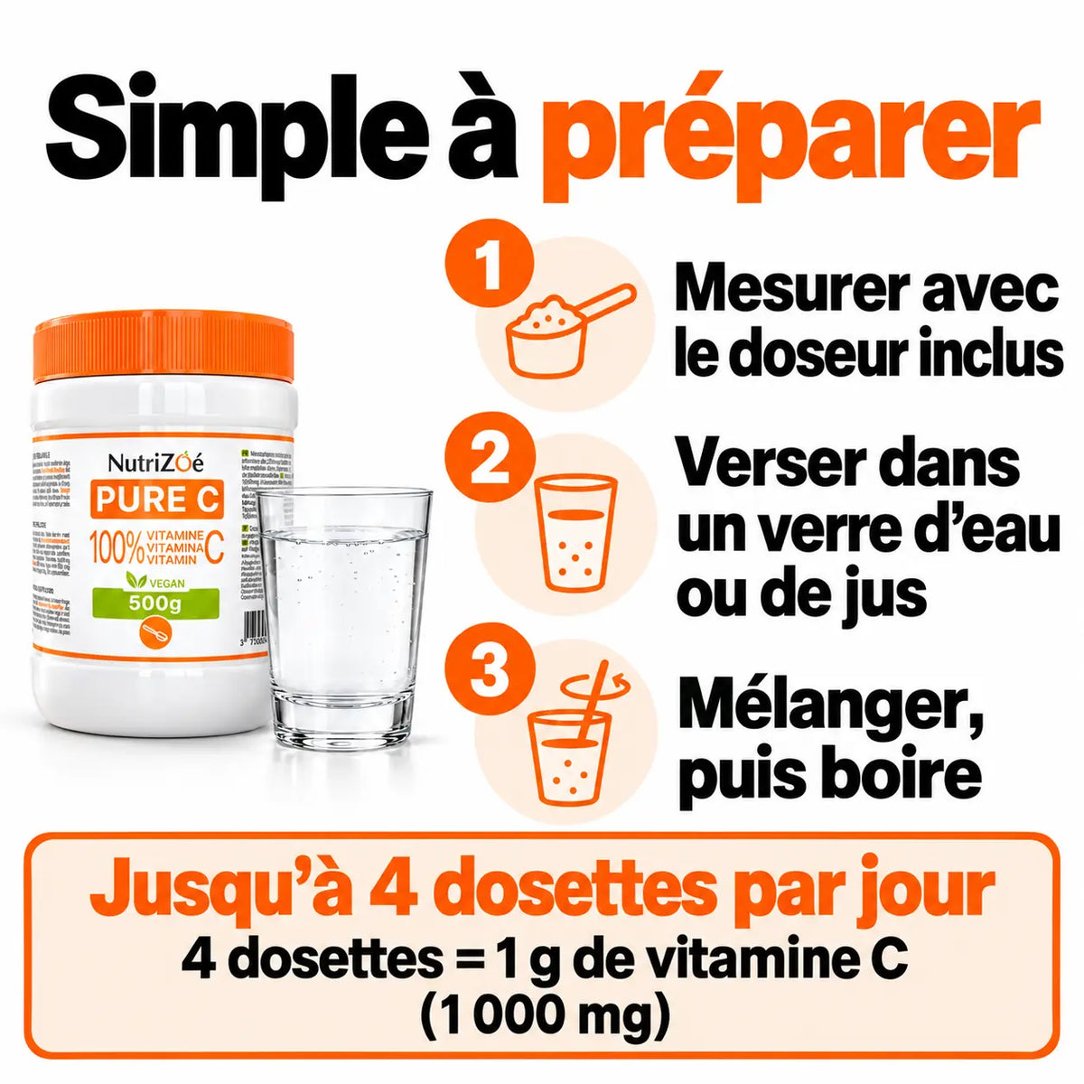 Préparer la vitamine C en poudre : mesurer avec le doseur inclus, verser dans l’eau ou un jus, mélanger puis boire ; jusqu’à 4 dosettes par jour, soit 1 g