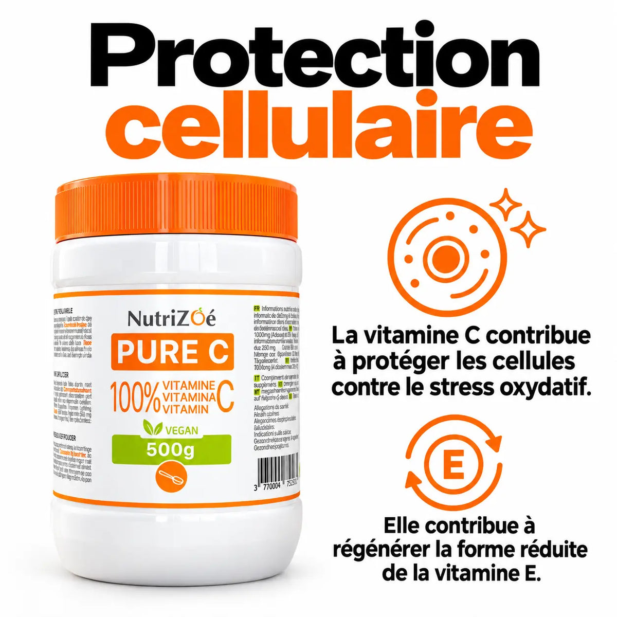 La vitamine C contribue à protéger les cellules contre le stress oxydatif et à régénérer la forme réduite de la vitamine E