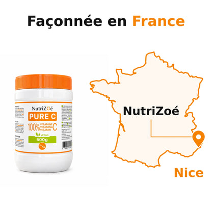 Vitamine C en poudre façonnée en France. NutriZoé à Nice, avec une épingle de localisation sur la carte de France continentale.