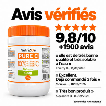 Vitamine C en poudre NutriZoé : 5 étoiles, note de 9,8/10 et plus de 1 900 avis vérifiés par la Société des Avis Garantis