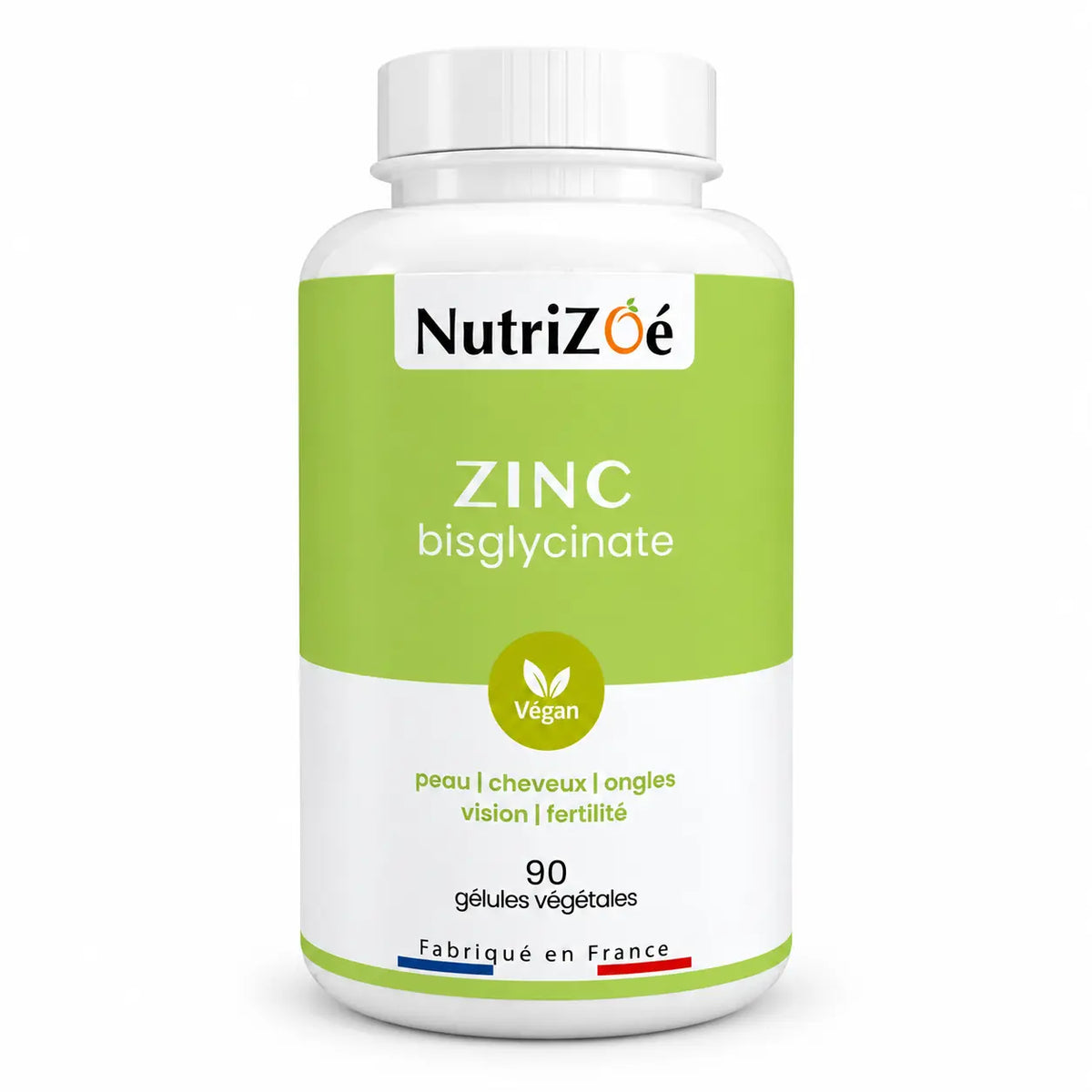 NutriZoé zinc bisglycinate — bottle of 90 plant-based capsules on a white background