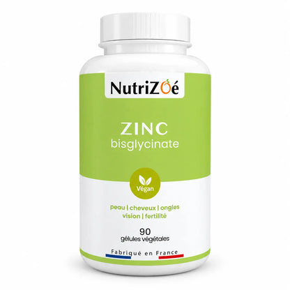 NutriZoé zinc bisglycinate — bottle of 90 plant-based capsules on a white background