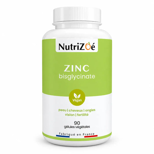Zinc bisglycinate NutriZoé — flacon de 90 gélules végétales sur fond blanc