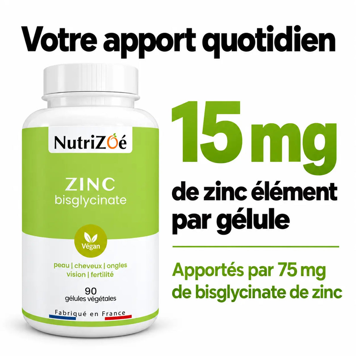 15 mg of elemental zinc per capsule, provided by 75 mg of zinc bisglycinate