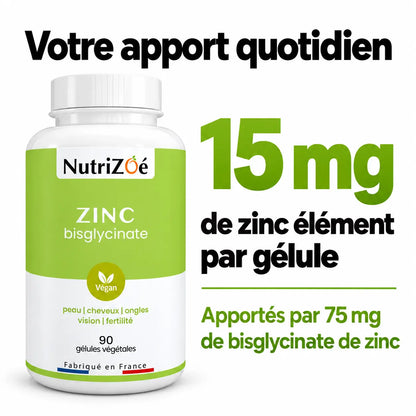 15 mg of elemental zinc per capsule, provided by 75 mg of zinc bisglycinate