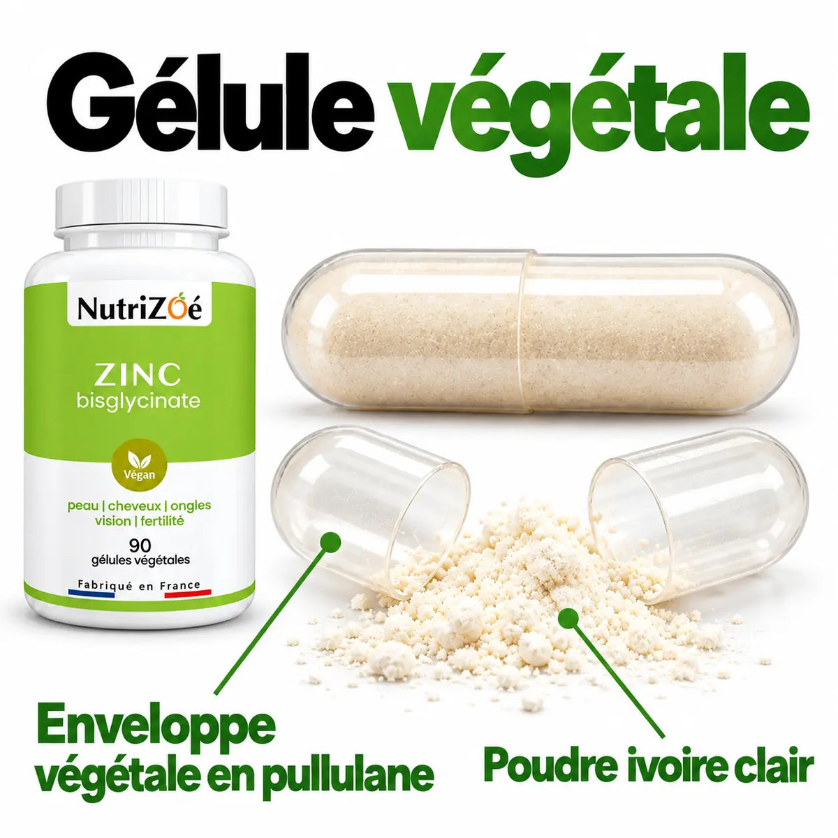 NutriZoé zinc: clear plant-based pullulan capsule and light ivory powder.