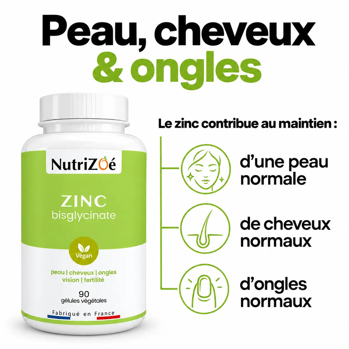 Zinc contributes to the maintenance of normal skin. Zinc contributes to the maintenance of normal hair. Zinc contributes to the maintenance of normal nails.