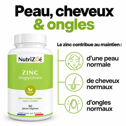 Zinc contributes to the maintenance of normal skin. Zinc contributes to the maintenance of normal hair. Zinc contributes to the maintenance of normal nails.