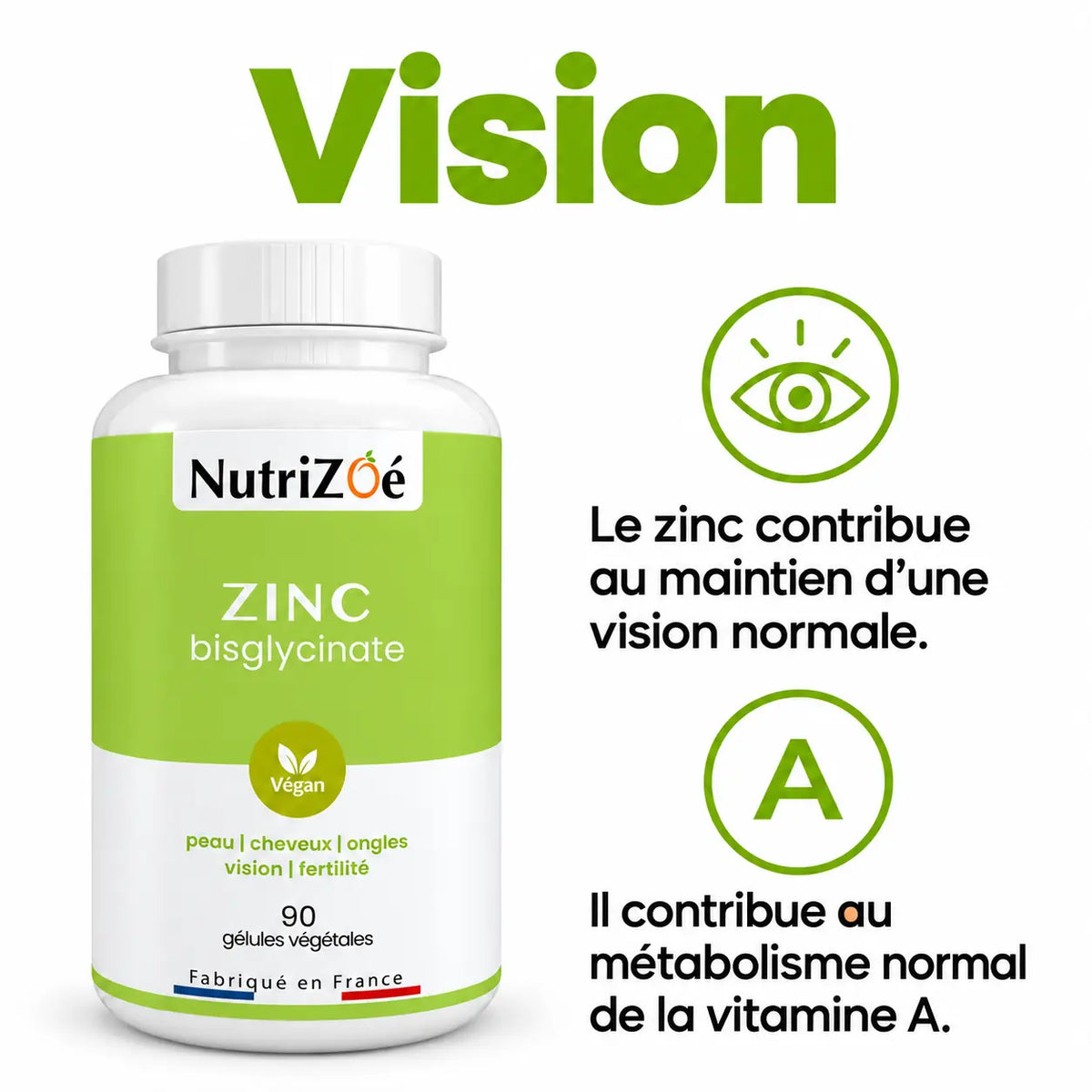 Zinc contributes to the maintenance of normal vision. Zinc contributes to normal metabolism of vitamin A.