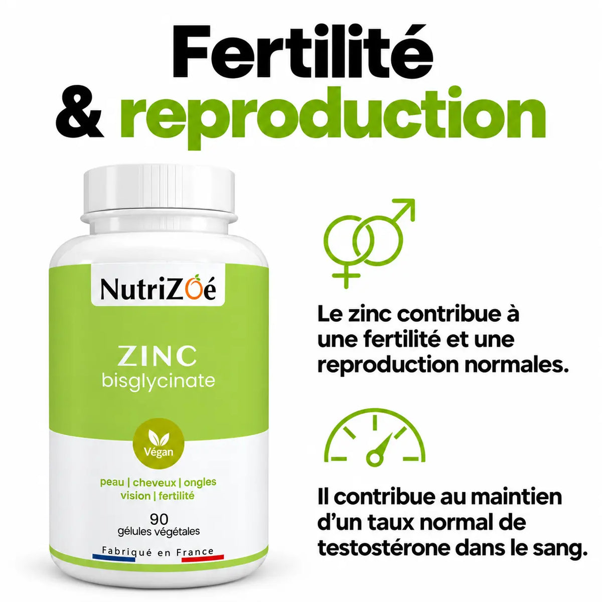 Zinc contributes to normal fertility and reproduction. Zinc contributes to the maintenance of normal testosterone levels in the blood.