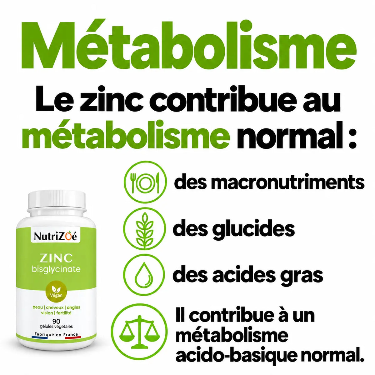 Zinc contributes to normal macronutrient metabolism, normal carbohydrate metabolism, normal metabolism of fatty acids and normal acid-base metabolism.