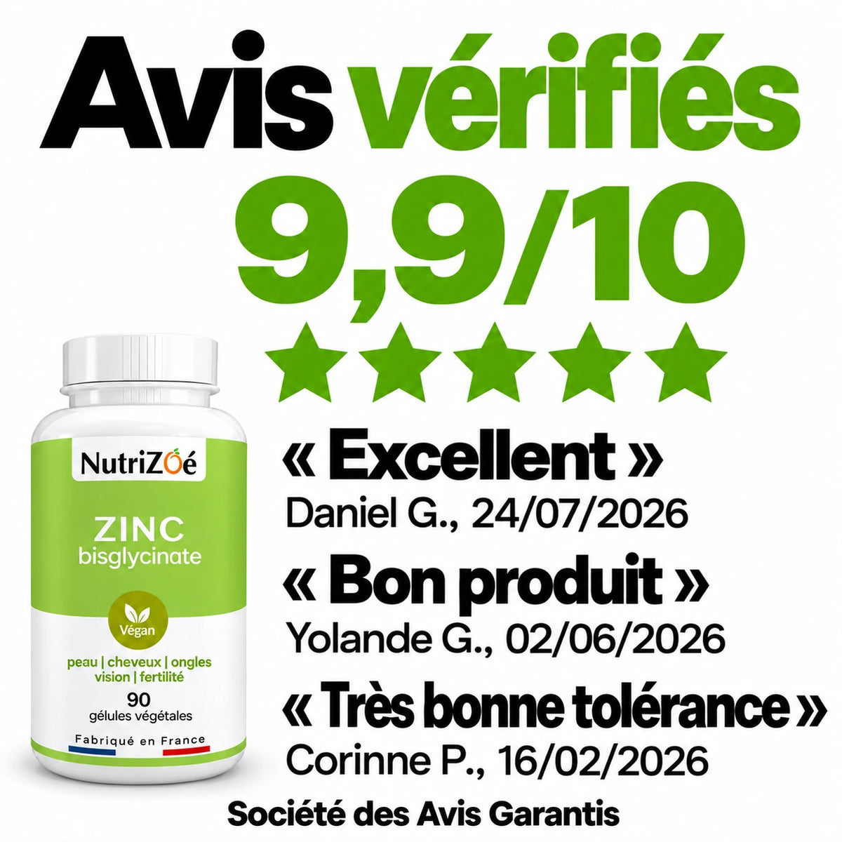 NutriZoé zinc: rated 9.9/10 with three testimonials verified by Société des Avis Garantis.