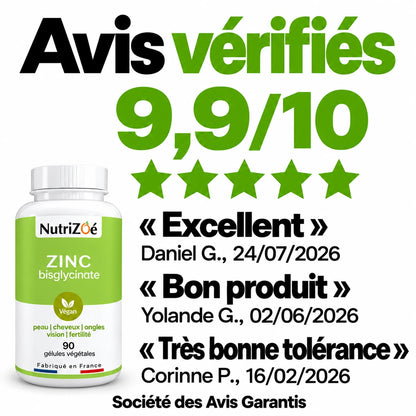NutriZoé zinc: rated 9.9/10 with three testimonials verified by Société des Avis Garantis.