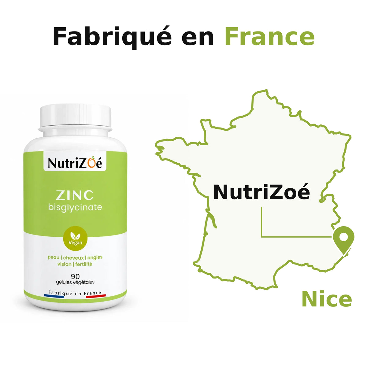 Zinc bisglycinate, made in France. NutriZoé in Nice, with a location pin on the map of mainland France.